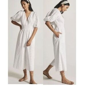 Anthropologie Hutch White Eyelet Smocked Waist Jumpsuit Size Extra Small